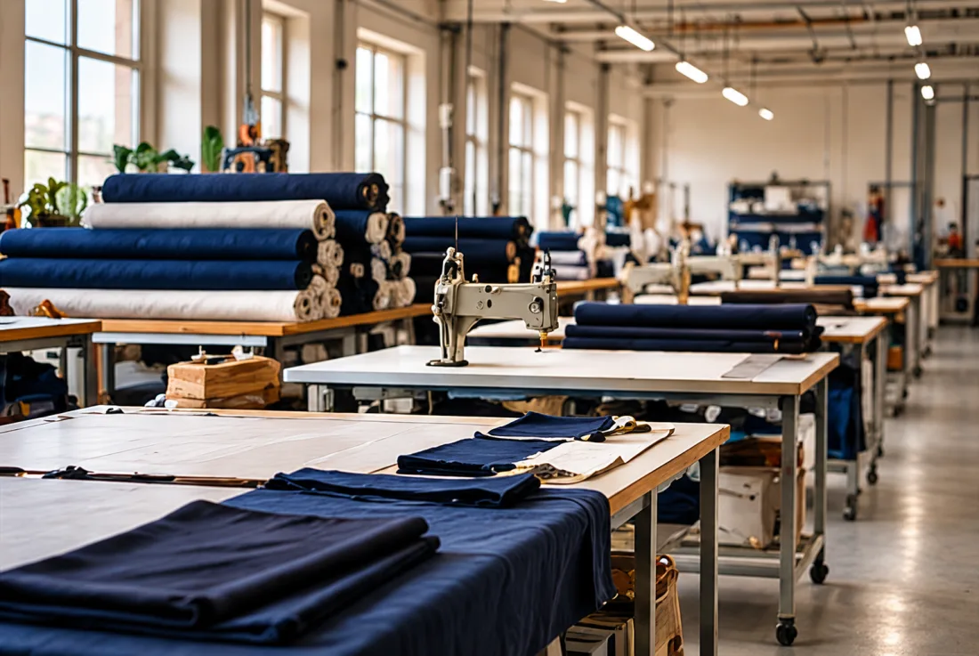 Rolled navy fabric and sewing stations on the NANG U factory floor