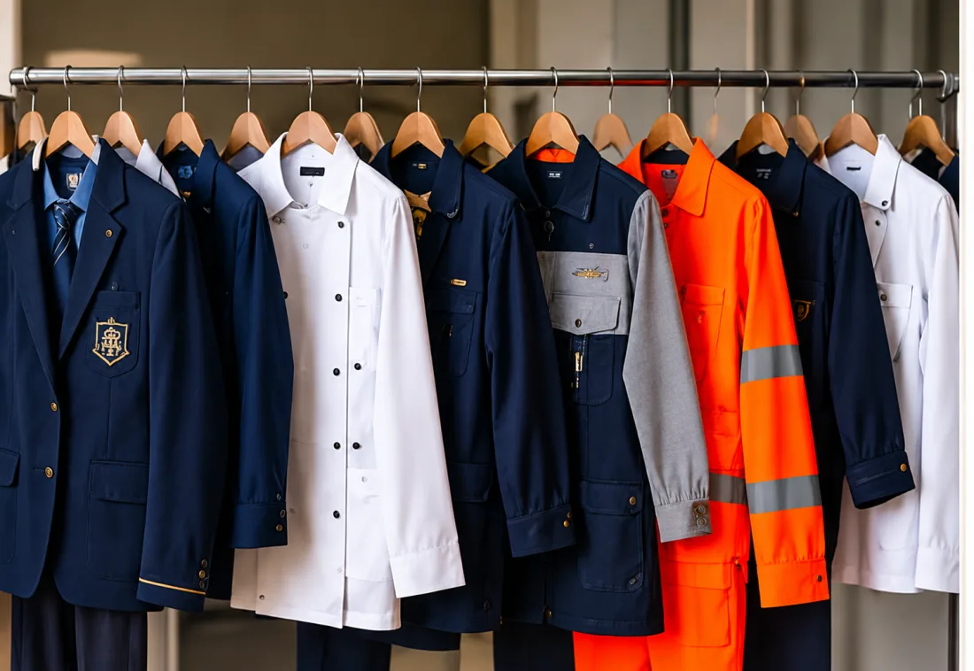 A rack of varied finished garments NANG U manufactures — blazers, workwear and hi-vis