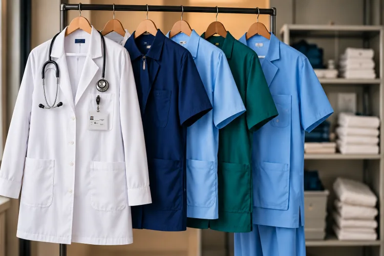 A white lab coat and coloured scrubs on a rack, NANG U-manufactured