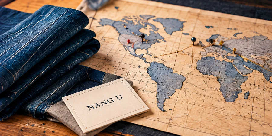 Folded indigo denim and a NANG U tag resting on a vintage world map